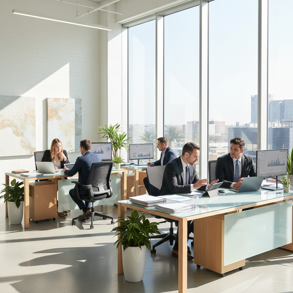 Professional financial advisor consulting with clients in modern office setting, representing Monarche Bank's personalized banking approach